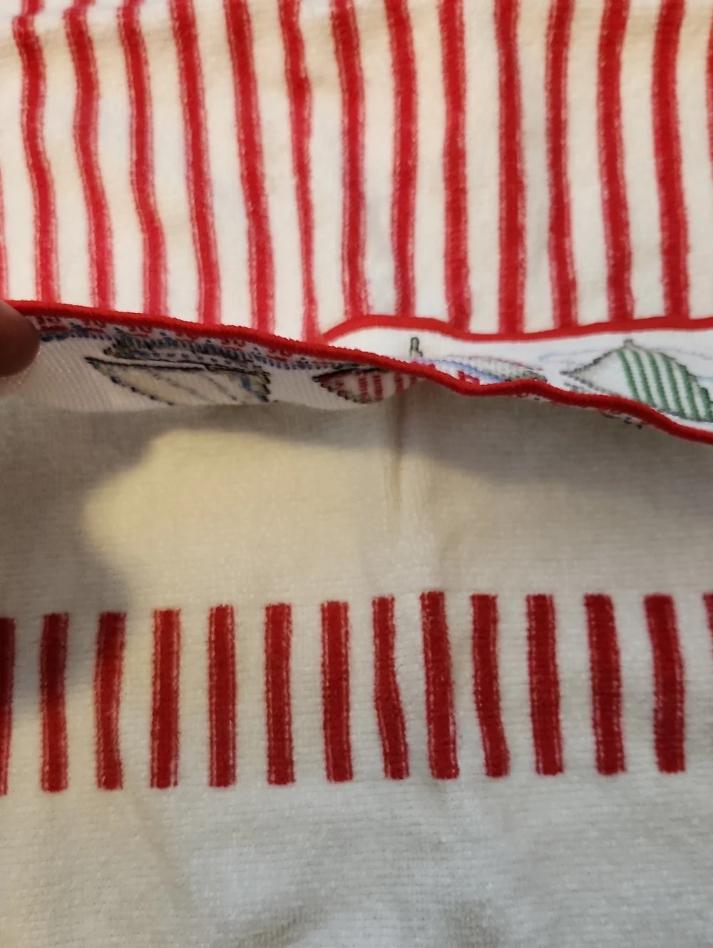 Cross Stitch Embroidered Sailboat Themed Red White Stripe 100% Cotton Dish Towel